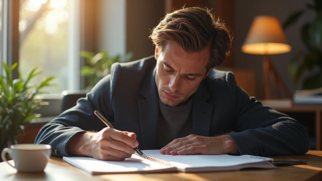 Persoon schrijft notities in notitieboekje met pen, werktafel met kopje koffie